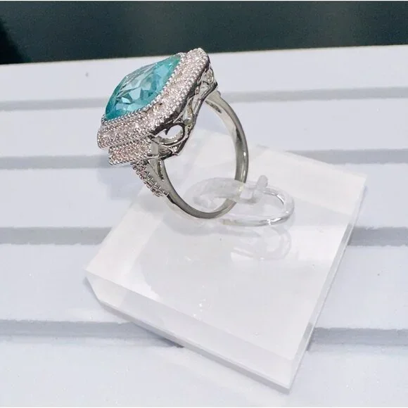 Aquamarine Cubic Zirconia & White Crystal Statement Ring - Picture 10 of 16